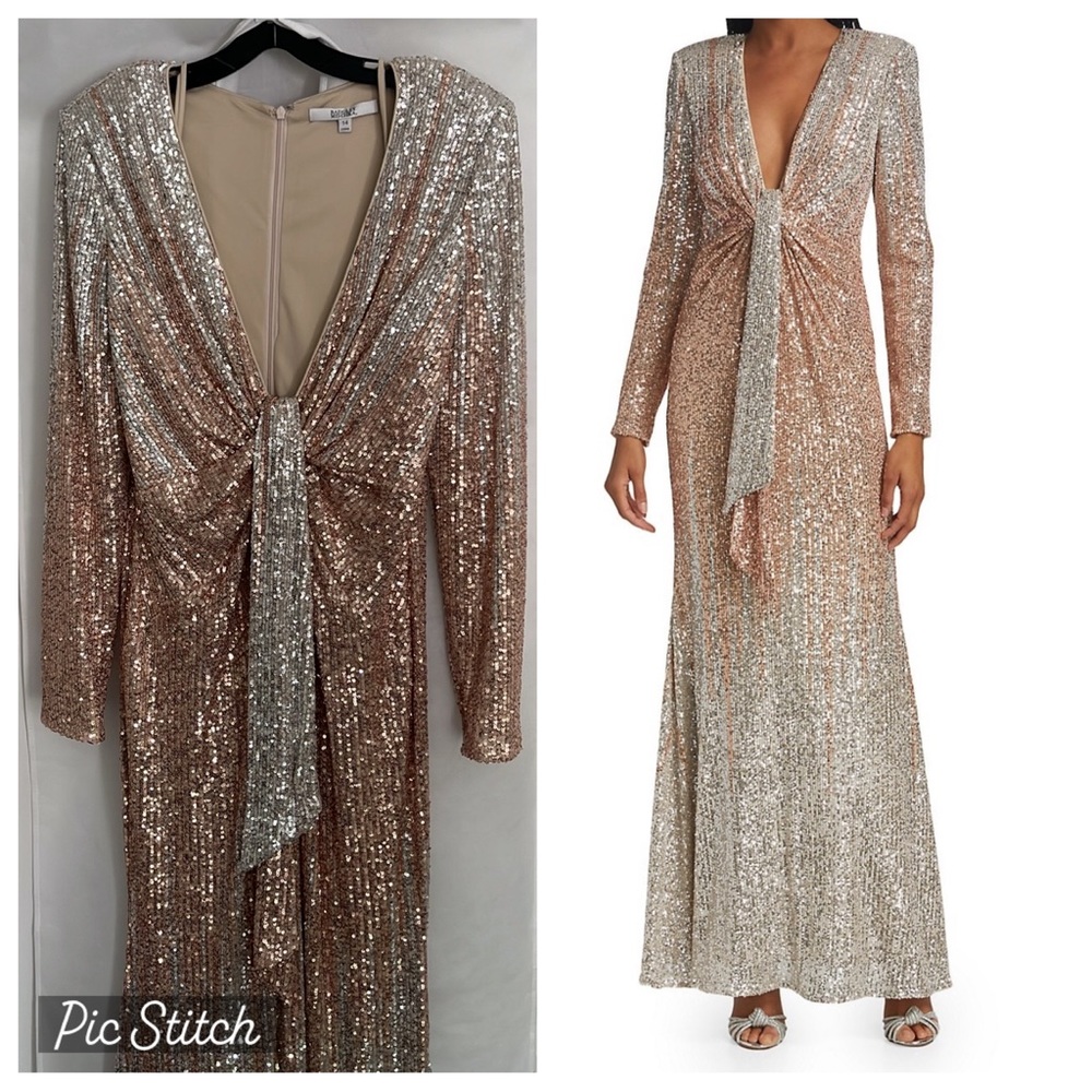 Badgley Mischka Deep V Neck Plunge Ombré Sequin Gown